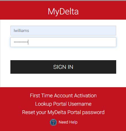 MyDelta Login screen